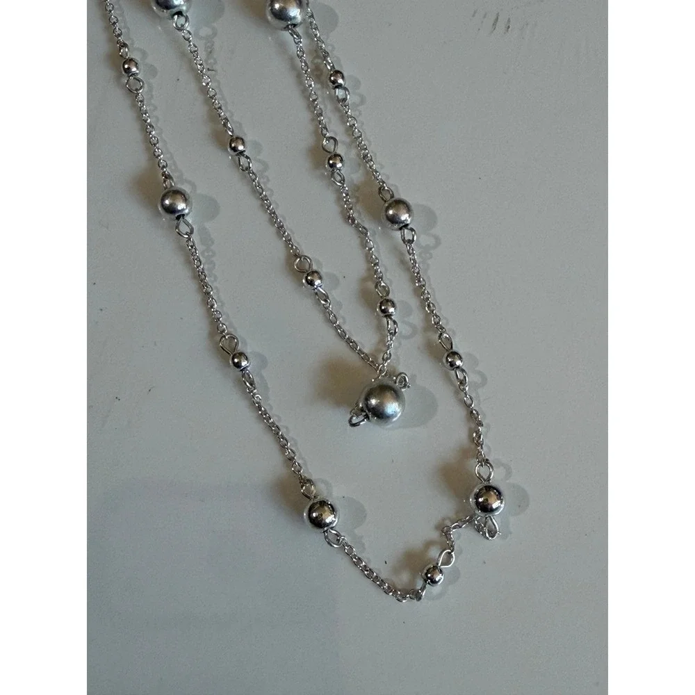 Chaps Silver Tone Double Strand Ball Bead‎ Layered Necklace Padlock Charm NWT